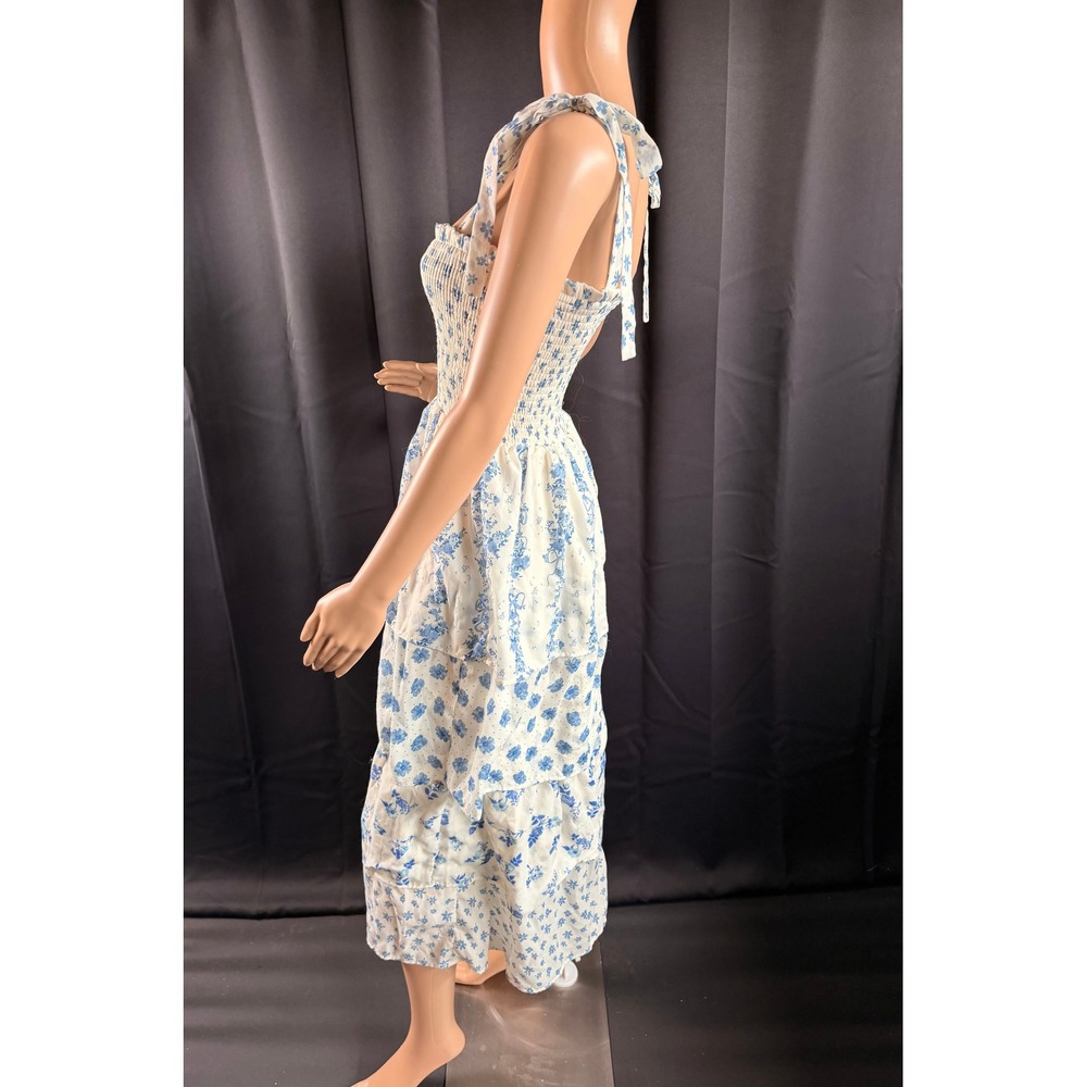 Crystal Doll Blue White Floral Smocked Tiered Midi Dress Sm Cottage Prairie Boho - Picture 7 of 14